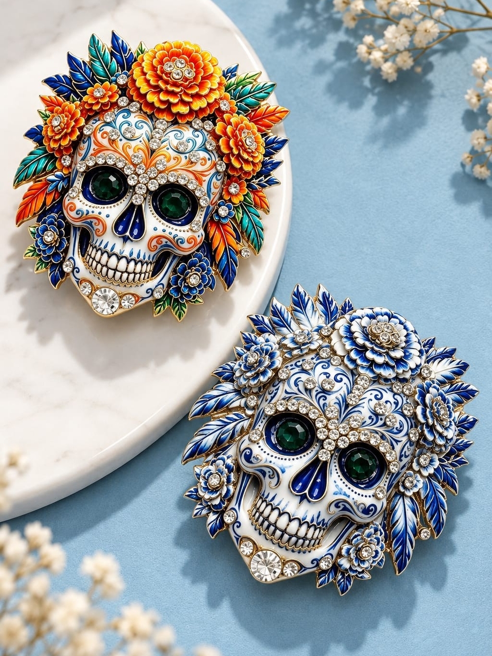 Floral Sugar Skull Brooch Pin - Orange & Multicolor - Picture 4 of 6